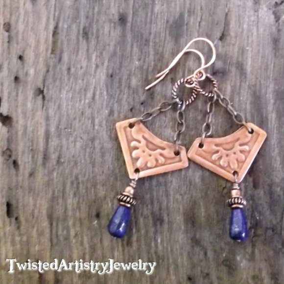 Lapis Lazuli Boho Copper Celtic Shield Scooped Triangle Earrings - Picture 1 of 7